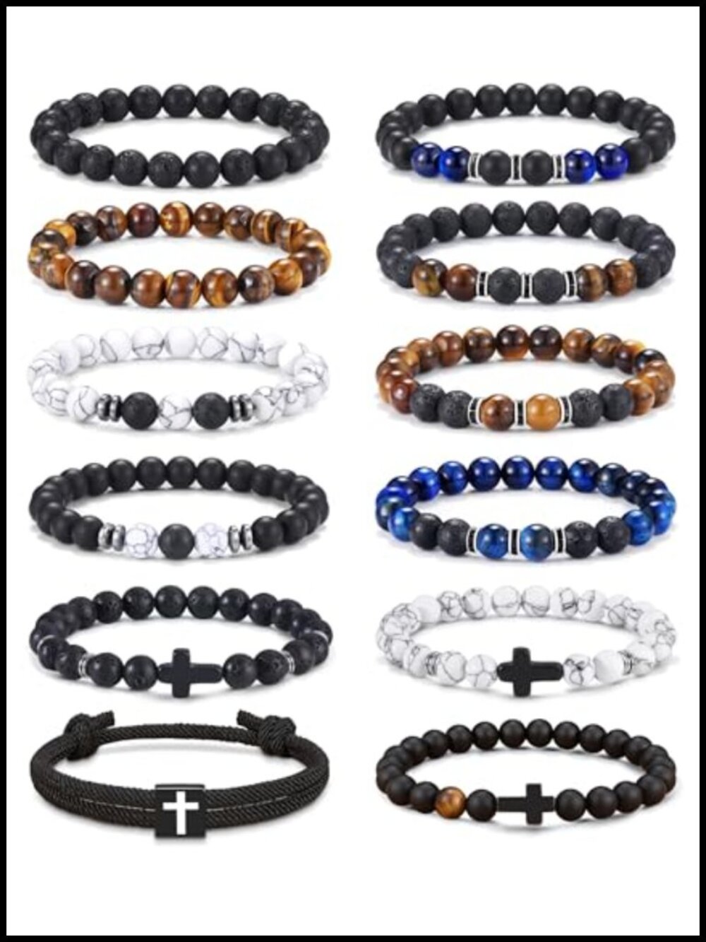 12 Piece Mens Beaded Bracelet Set Natural Tiger Eye Stone 8mm Healing Cuff